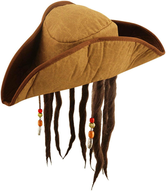 Kids Boys Caribbean Brown Pirates Deluxe Hat with Hair Unisex Fancy Dress - Labreeze
