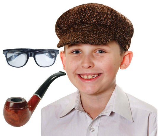 Kids Boys Naughty Grandpa Uncle Flat Cap Glasses Wooden Pipe Fancy Dress - Labreeze