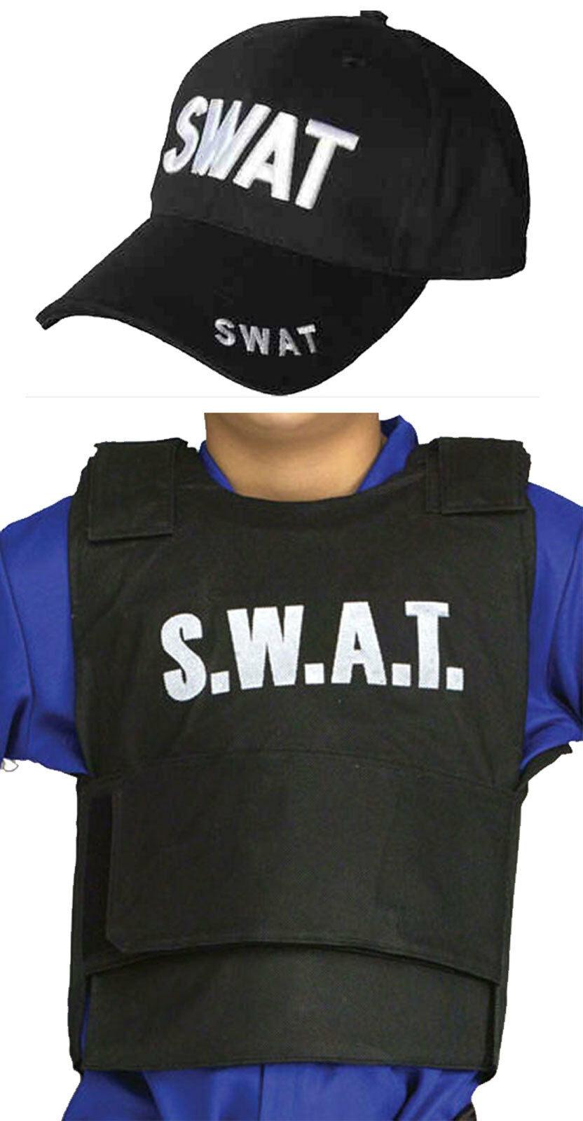 KIDS CHILDRENS SWAT TEAM VEST & HAT SET POLICE FBI MILITARY STYLE FANCY DRESS - Labreeze
