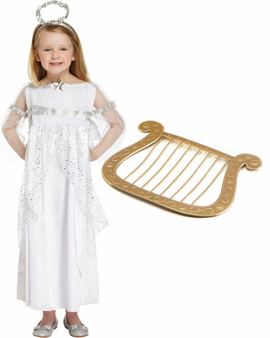 Kids Girls Dress Up Angel Christmas with Harp Nativity Fancy Dress Costume - Labreeze