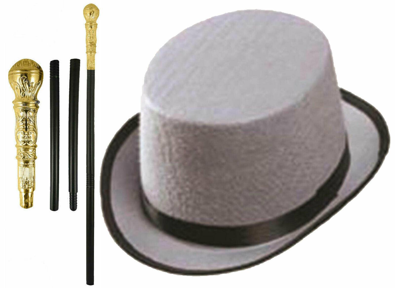 Kids Grey Top Hat with Gold Pimp Stick Victorian Boy Fancy Dress Party Set - Labreeze