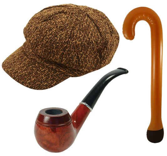 Kids Naughty Grandpa Uncle Flat Cap Walking Stick Wooden Pipe Fancy Dress Set - Labreeze