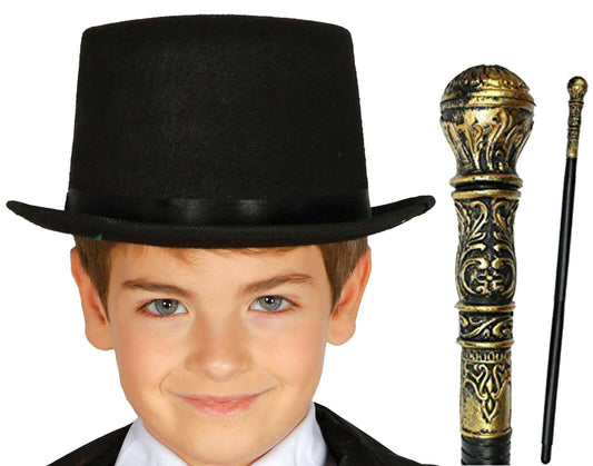 Kids Victorian Gentleman Black Top Hat & Cane - World Book Day Fancy Dress Set - Labreeze