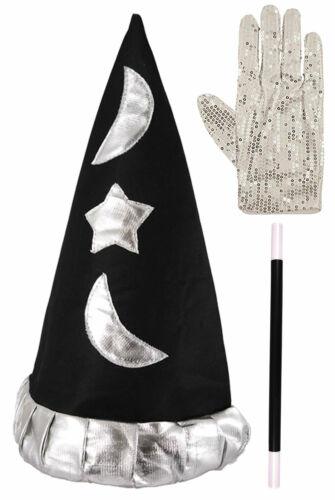 Kids Wizard Hat Black, Sequin Glove & Magic Wand World Book Day Fancy Dress Set - Labreeze