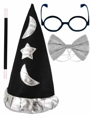 Kids Wizard Hat Glasses Glitter Bowtie Magic Wand World Book Day Fancy Dress - Labreeze