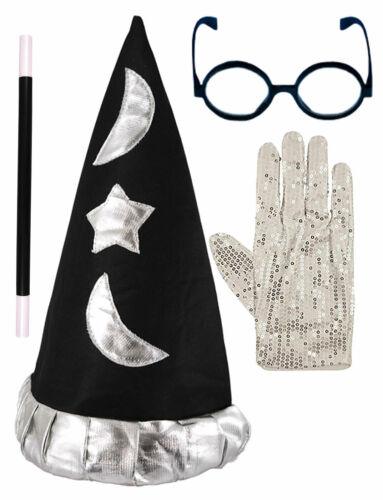 Kids Wizard Hat, Sequin Glove, Glasses & Magic Wand World Book Day Fancy Dress - Labreeze