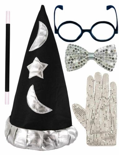 Kids Wizard Hat, Sequin Glove, Glasses, Bow Tie Magic Wand Book Day Fancy Dress - Labreeze