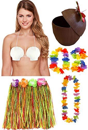 labreeze 40 cm Hula Skirt Lei Shell Bra Coconut Cup Hawaiian Summer Beach Party Set - Labreeze