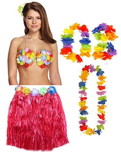 labreeze Ladies Girls Red 40 Cm Hula Skirt Lei Set Flower Bra Hawaiian Beach Party Fancy Dress - Labreeze