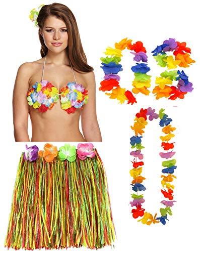 labreeze Ladies Multi Hula Skirt 40 cm 4 Pcs Lei Set Flower Bra Hawaiian Beach Party Costume - Labreeze