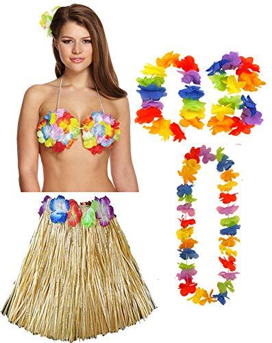 labreeze Ladies Natural 40 Cm Hula Skirt 4 Pcs Lei Set Flower Bra Hawaiian Party Dress - Labreeze