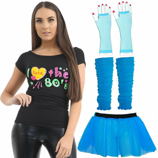 Ladies 3 Layer Tutu T-shirt Gloves Leg Warmers Blue 80s Party Set Neon Festival - Labreeze