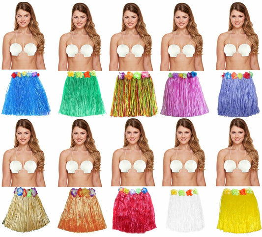 Ladies 40 Cm Hula Grass Skirt Shell Bra Hawaiian Beach Summer Party Set - Labreeze