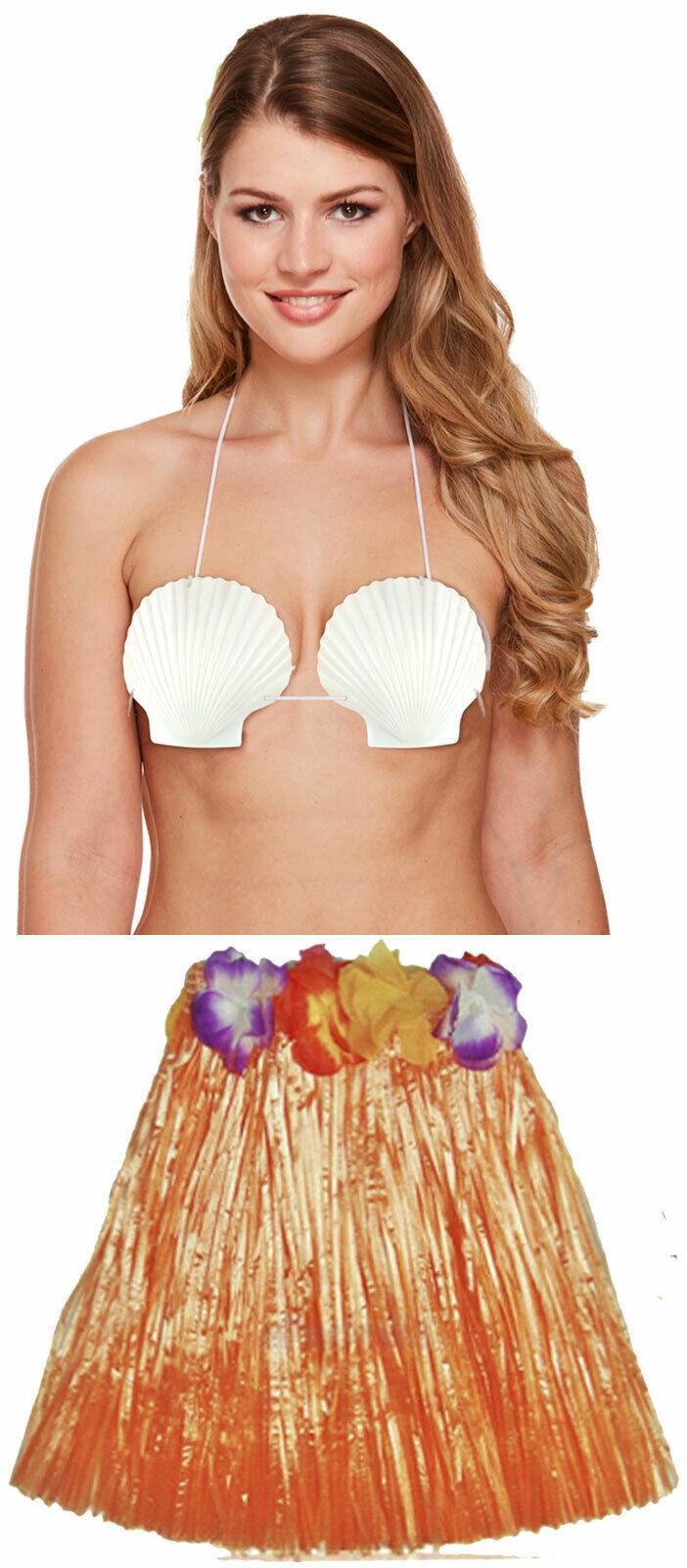 Ladies 40 Cm Hula Grass Skirt Shell Bra Hawaiian Beach Summer Party Set - Labreeze