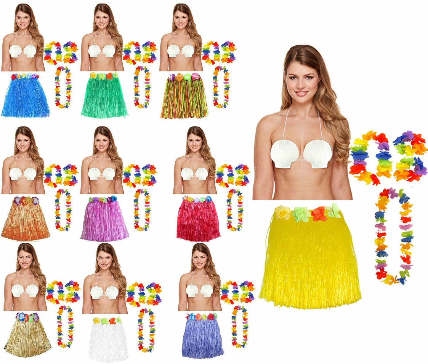 Ladies 40 cm Hula Skirt Lei Set Shell Bra Hawaiian Summer Beach Party Costume - Labreeze
