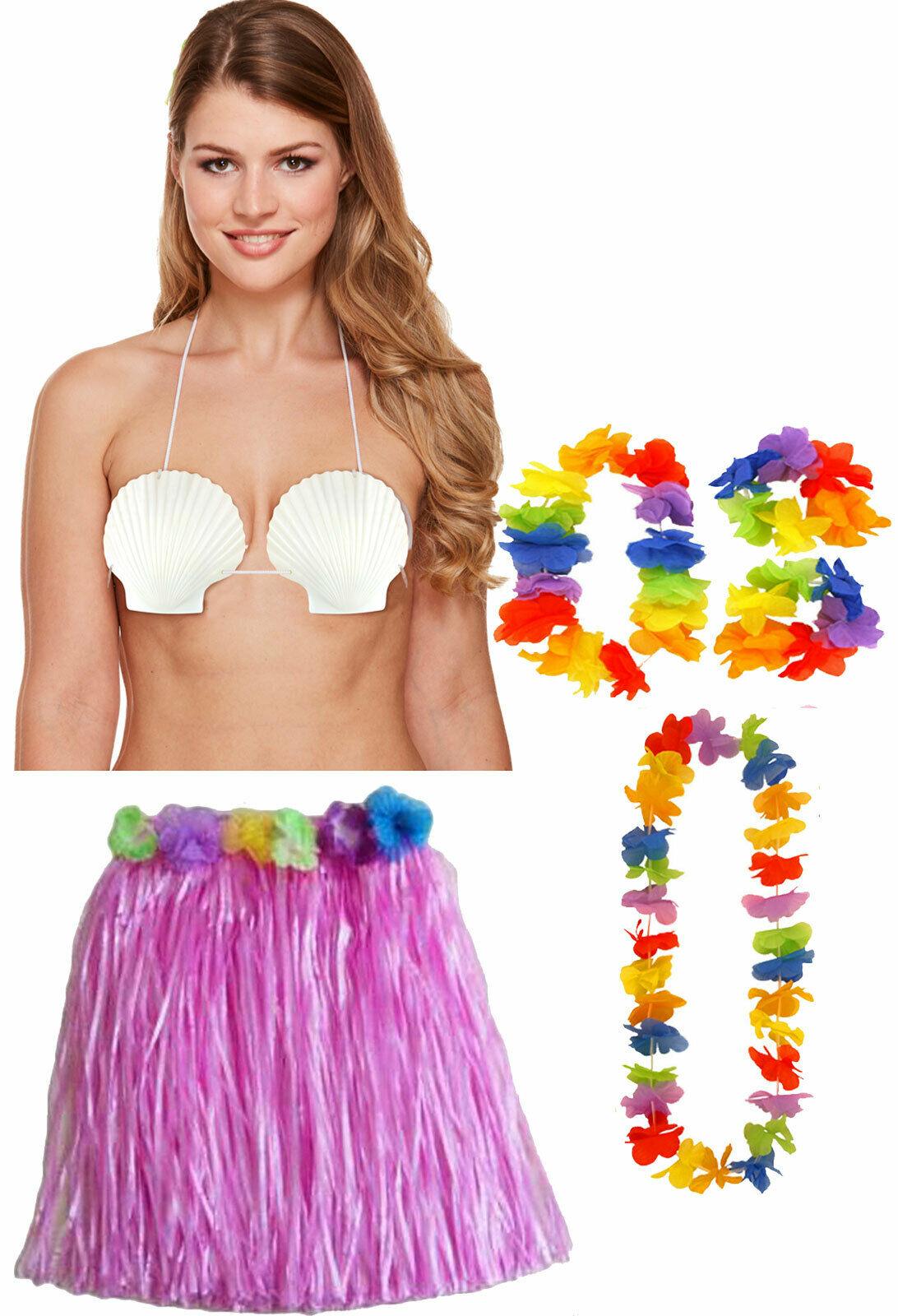 Ladies 40 cm Hula Skirt Lei Set Shell Bra Hawaiian Summer Beach Party Costume - Labreeze