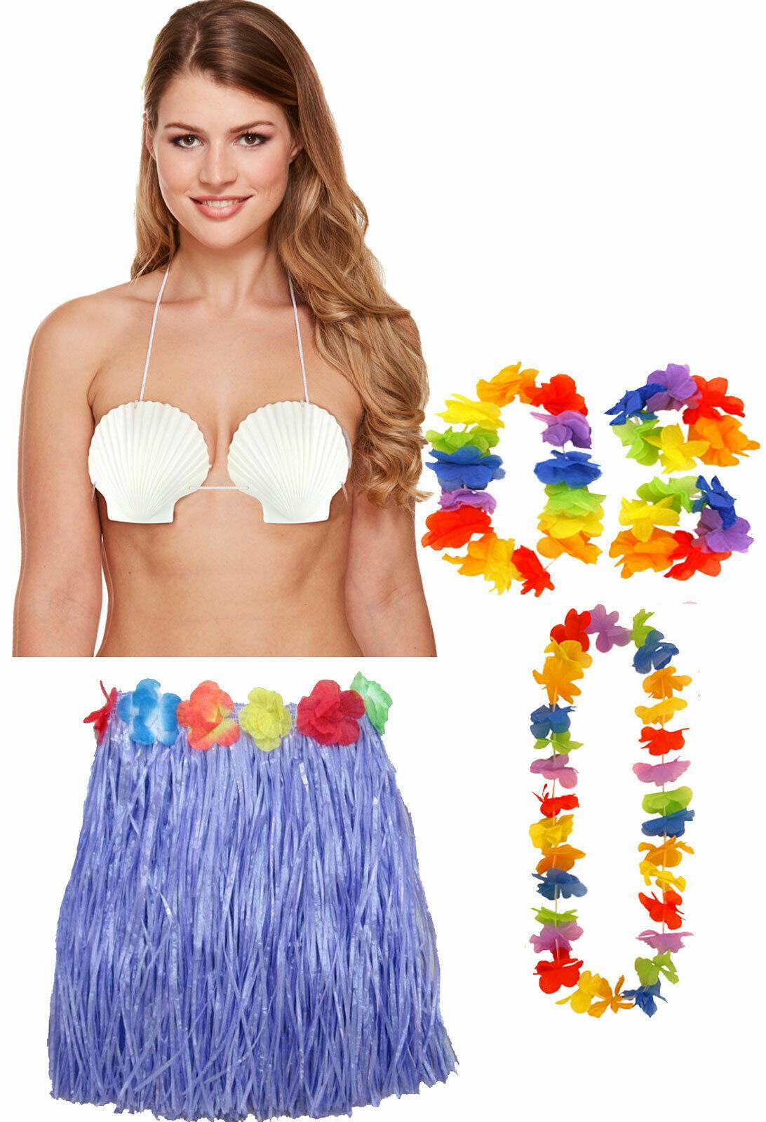 Ladies 40 cm Hula Skirt Lei Set Shell Bra Hawaiian Summer Beach Party Costume - Labreeze
