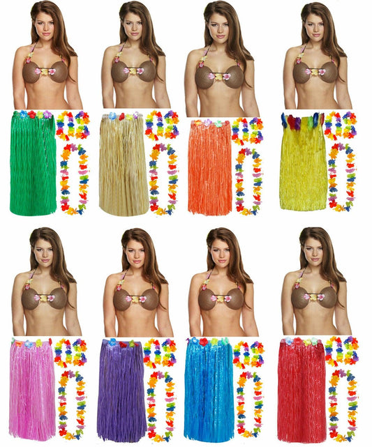 Ladies 80 Cm Hula Grass Skirt 4 Pcs Lei Coconut Bra Hawaiian Beach Party Costume - Labreeze