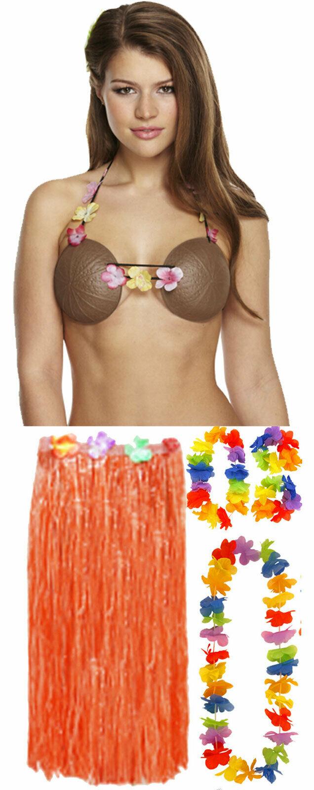 Ladies 80 Cm Hula Grass Skirt 4 Pcs Lei Coconut Bra Hawaiian Beach Party Costume - Labreeze