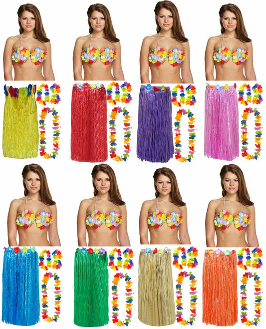 Ladies 80 Cm Hula Grass Skirt Lei Set Flower Bra Hawaiian Summer Party Dress - Labreeze