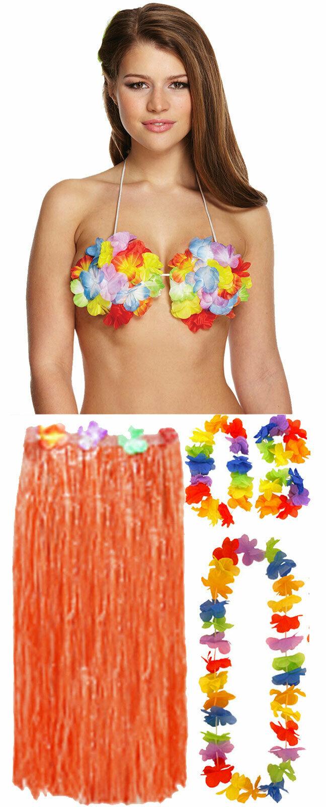 Ladies 80 Cm Hula Grass Skirt Lei Set Flower Bra Hawaiian Summer Party Dress - Labreeze