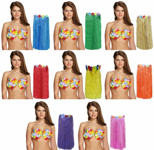 Ladies 80 Cm Hula Skirt Flower Bra Hawaiian Summer Beach Party Fancy Dress Set - Labreeze