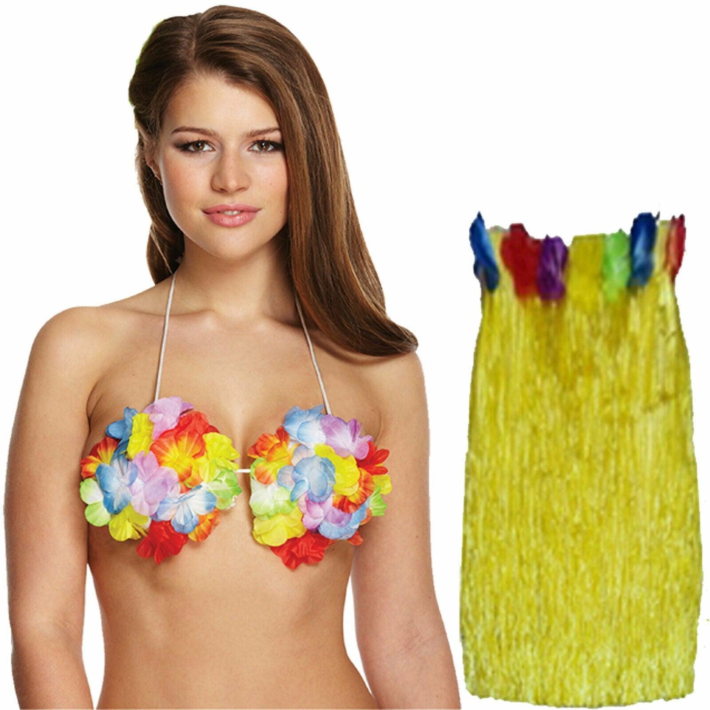 Ladies 80 Cm Hula Skirt Flower Bra Hawaiian Summer Beach Party Fancy Dress Set - Labreeze