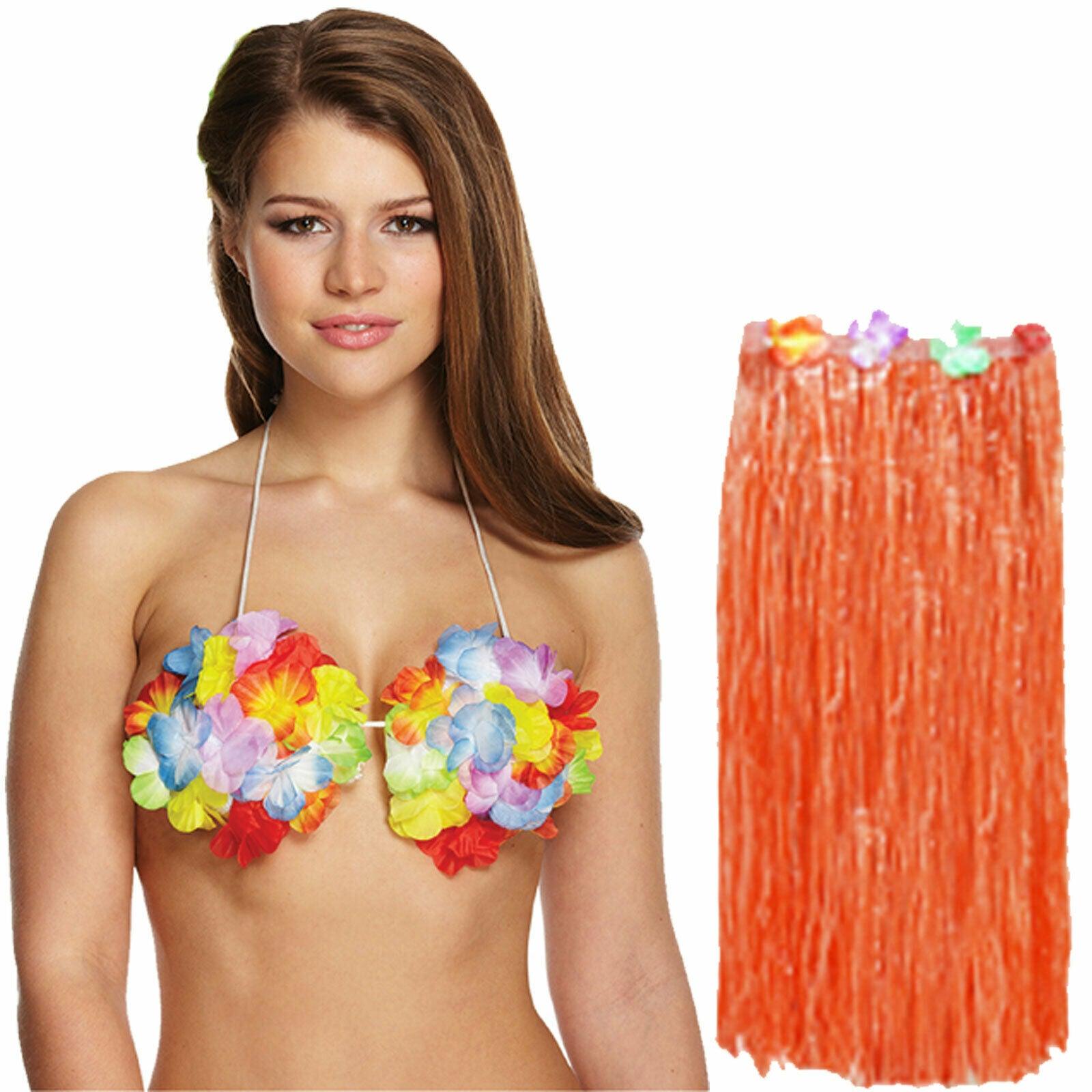 Ladies 80 Cm Hula Skirt Flower Bra Hawaiian Summer Beach Party Fancy Dress Set - Labreeze