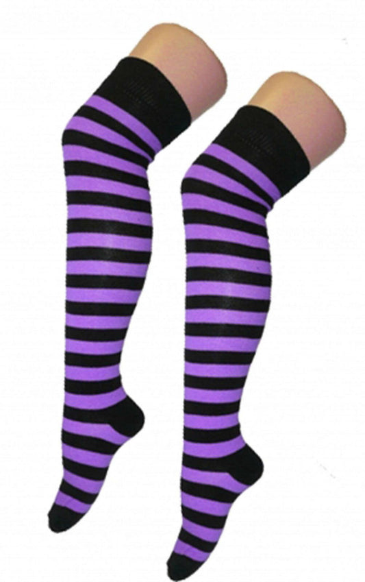 Ladies Argyle Black Purple Thigh High Girls Stretchy Over the Knee Socks - Labreeze