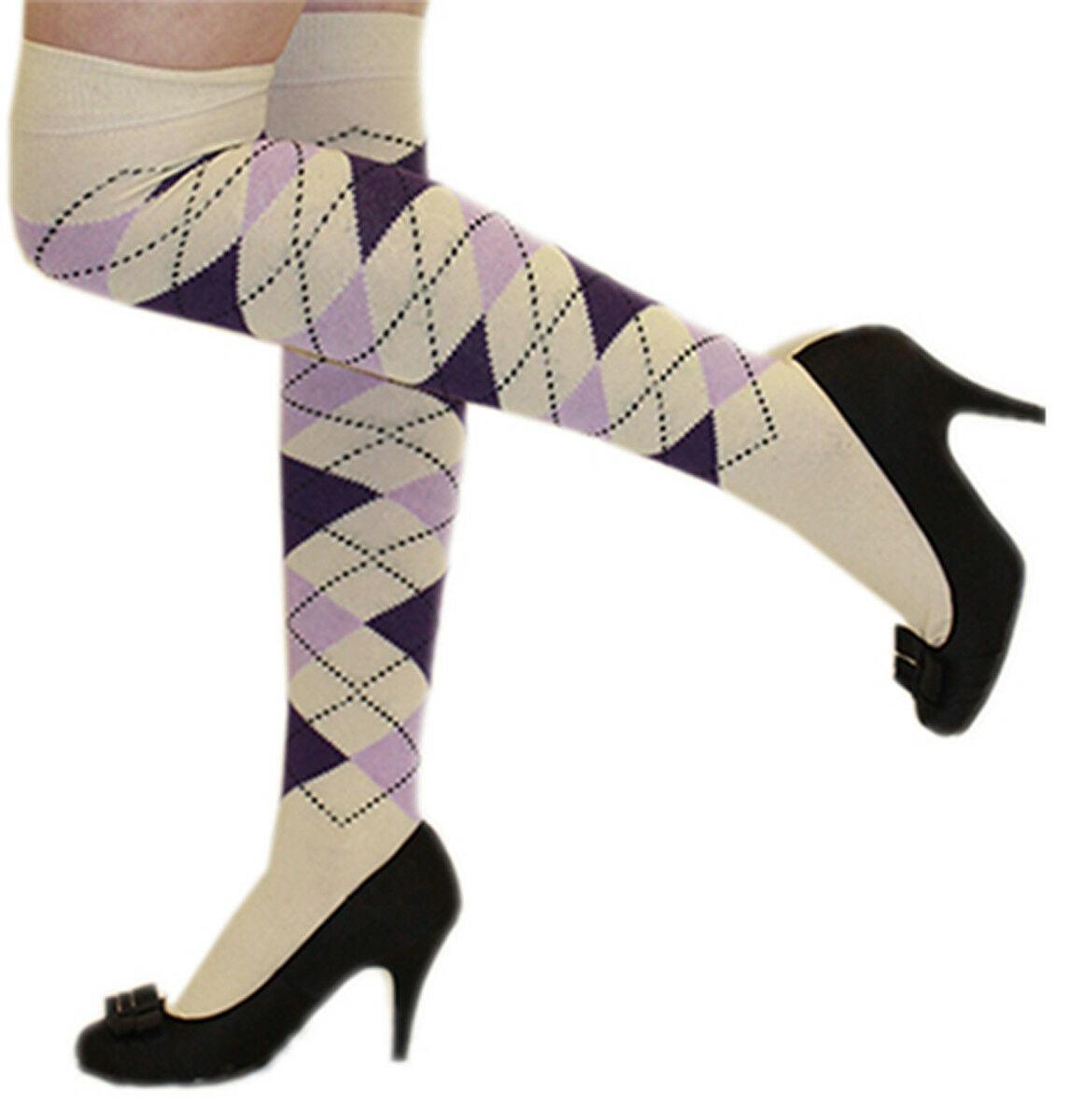 Ladies Argyle Cream Purple Thigh High Girls Stretchy Over the Knee Socks - Labreeze