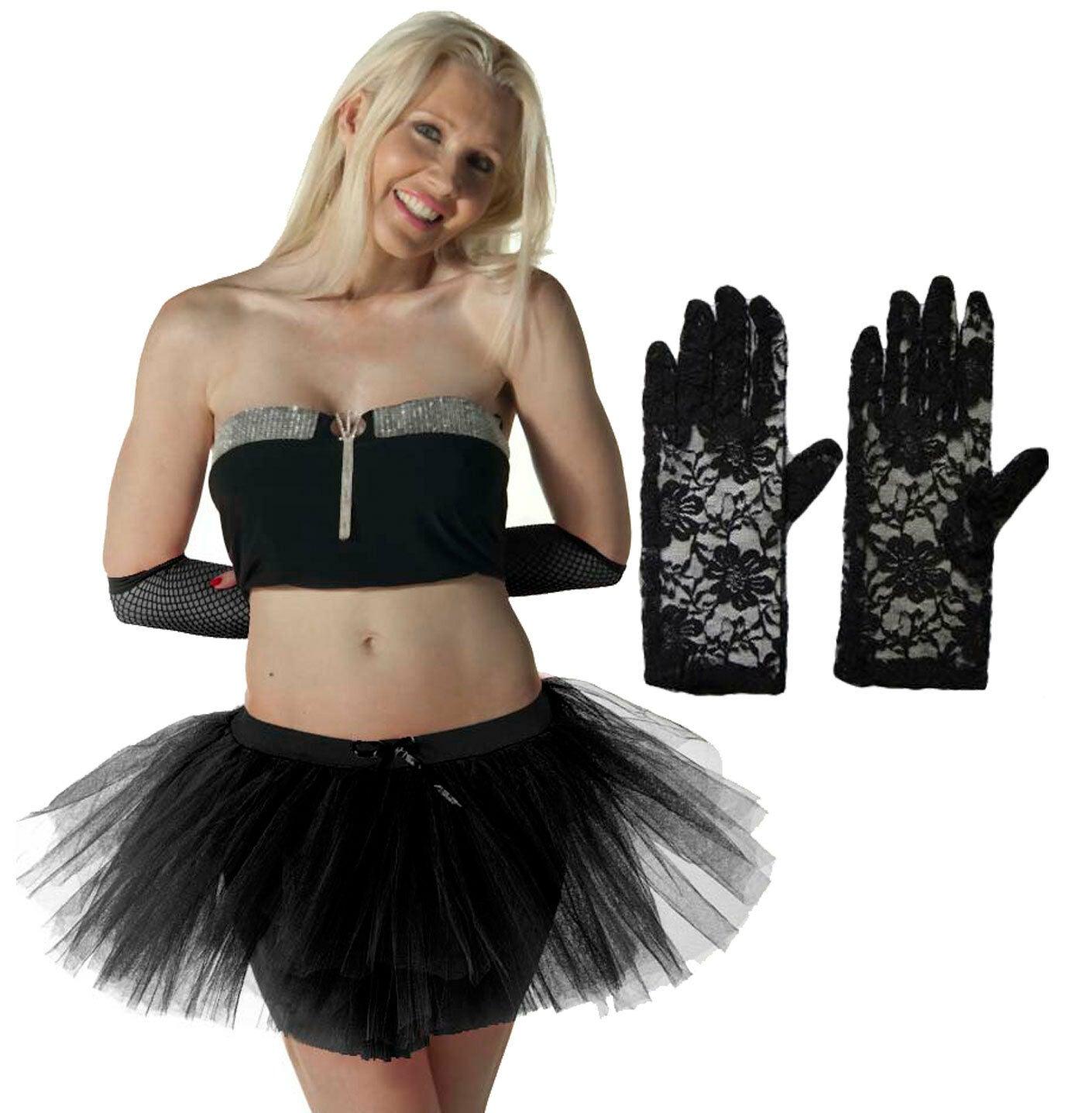 Ladies Black 3 Layer Tutu Skirt Lace Gloves Dancewear 1980’s Fancy Dress Costume - Labreeze