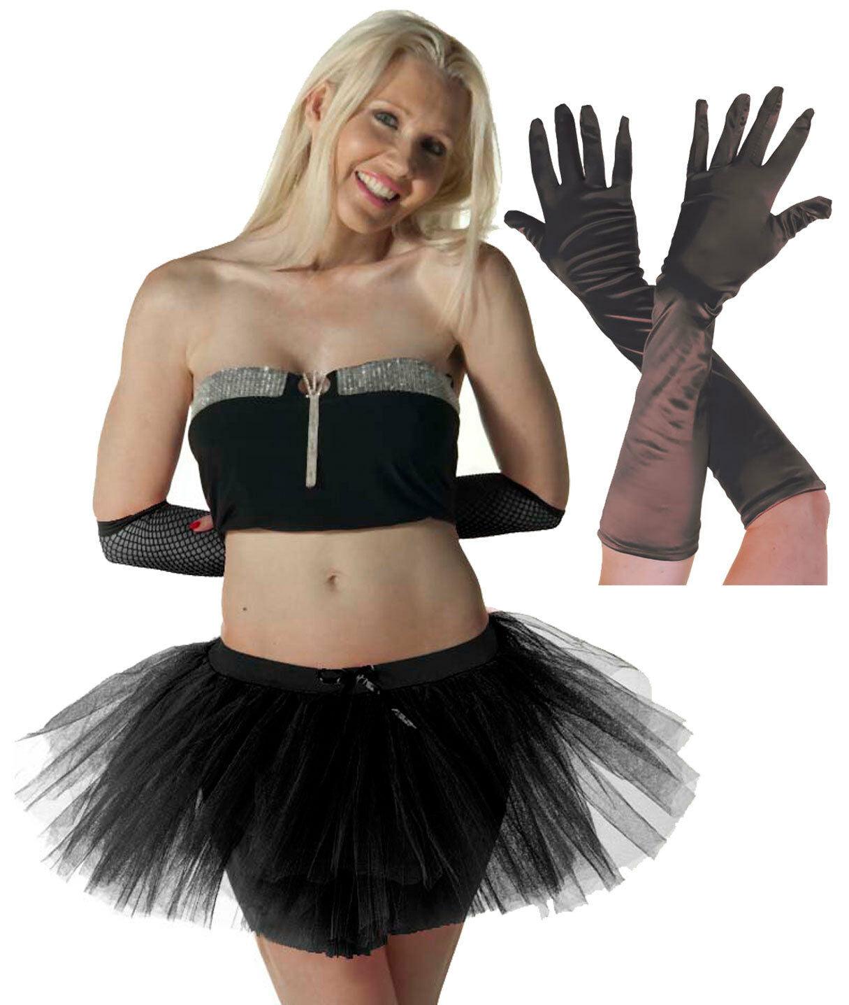 Ladies Black 3 Layer Tutu Skirt Long Satin Gloves Hen Night Fancy Dress Costume - Labreeze