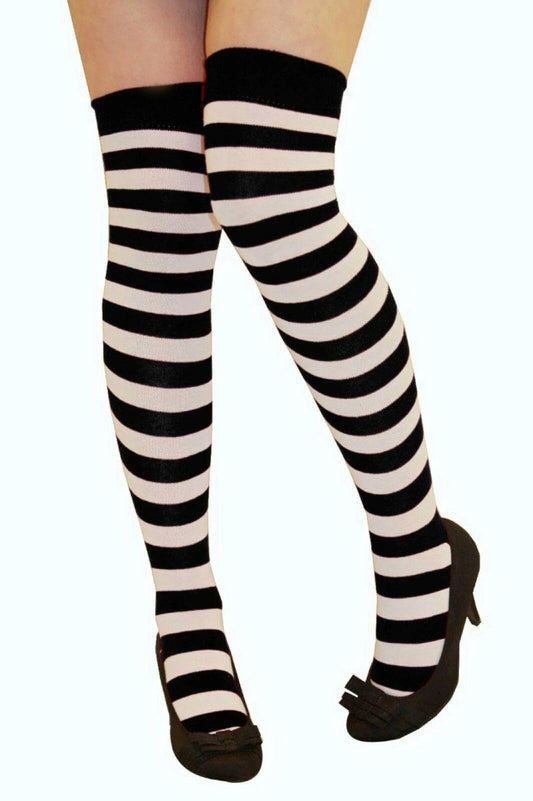 Ladies Black and White Thigh High Girls Stretchy Over the Knee Socks Features: C - Labreeze