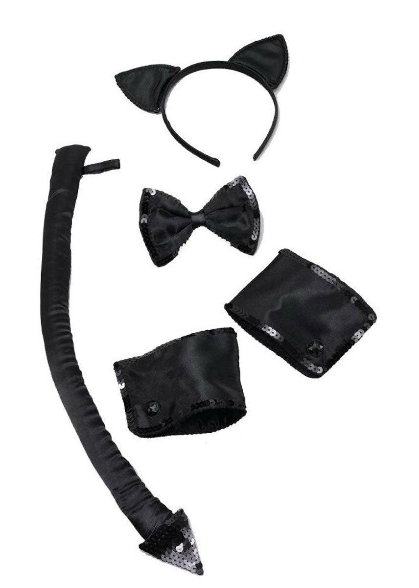Ladies Black Cat Formal Set - Headband, Tail, Cuffs, Dicky Bow World Book Day Set - Labreeze