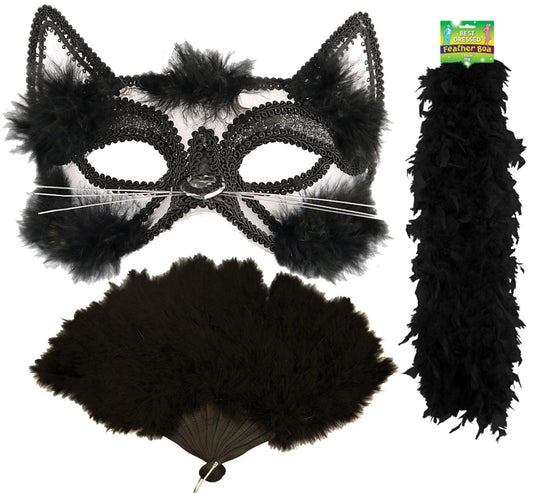 Ladies Black Feather Boa Hand Fan Cat Eye Mask Burlesque Hen Night Party Set - Labreeze