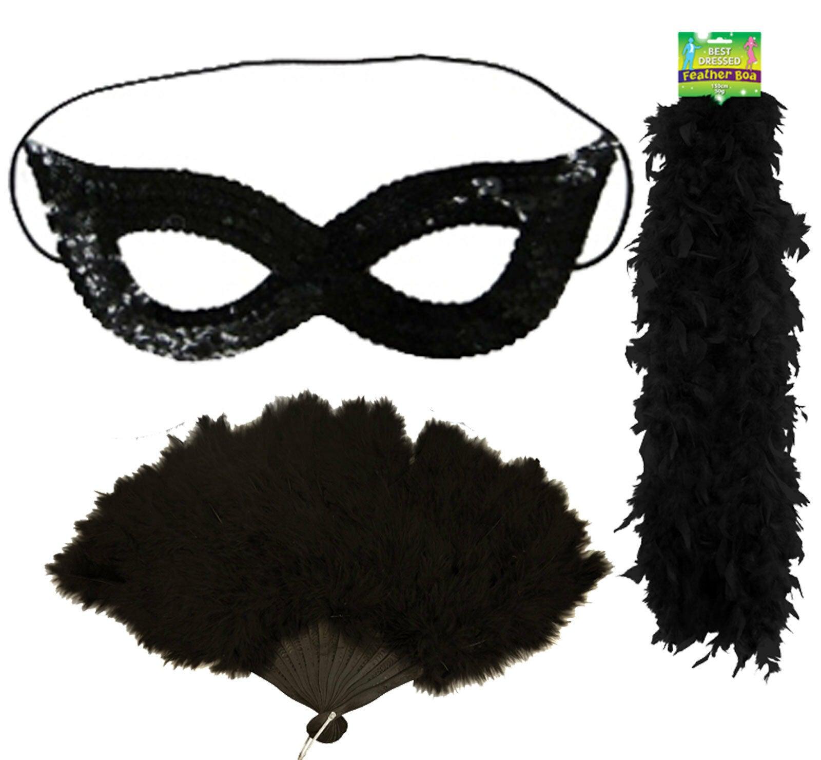 Ladies Black Feather Boa Hand Fan Sequin Face Mask Hen Night Fancy Dress Set - Labreeze