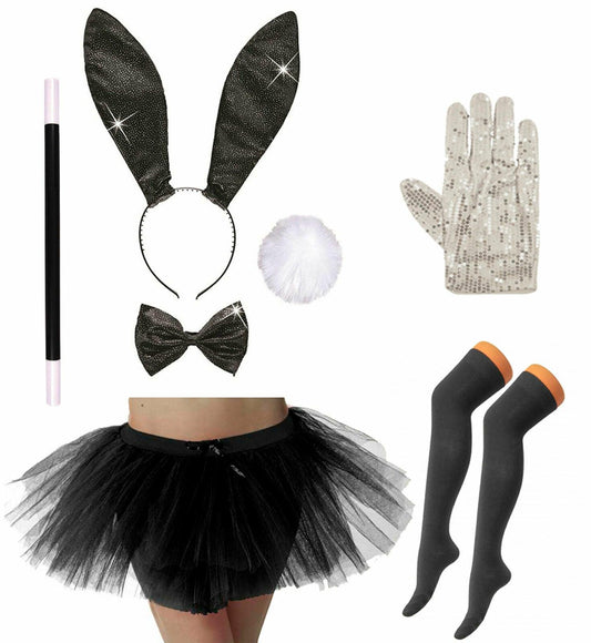 Ladies Black Glitter Bunny Set Tutu Socks Pop Gloves Wand Hen Night Party Outfit - Labreeze