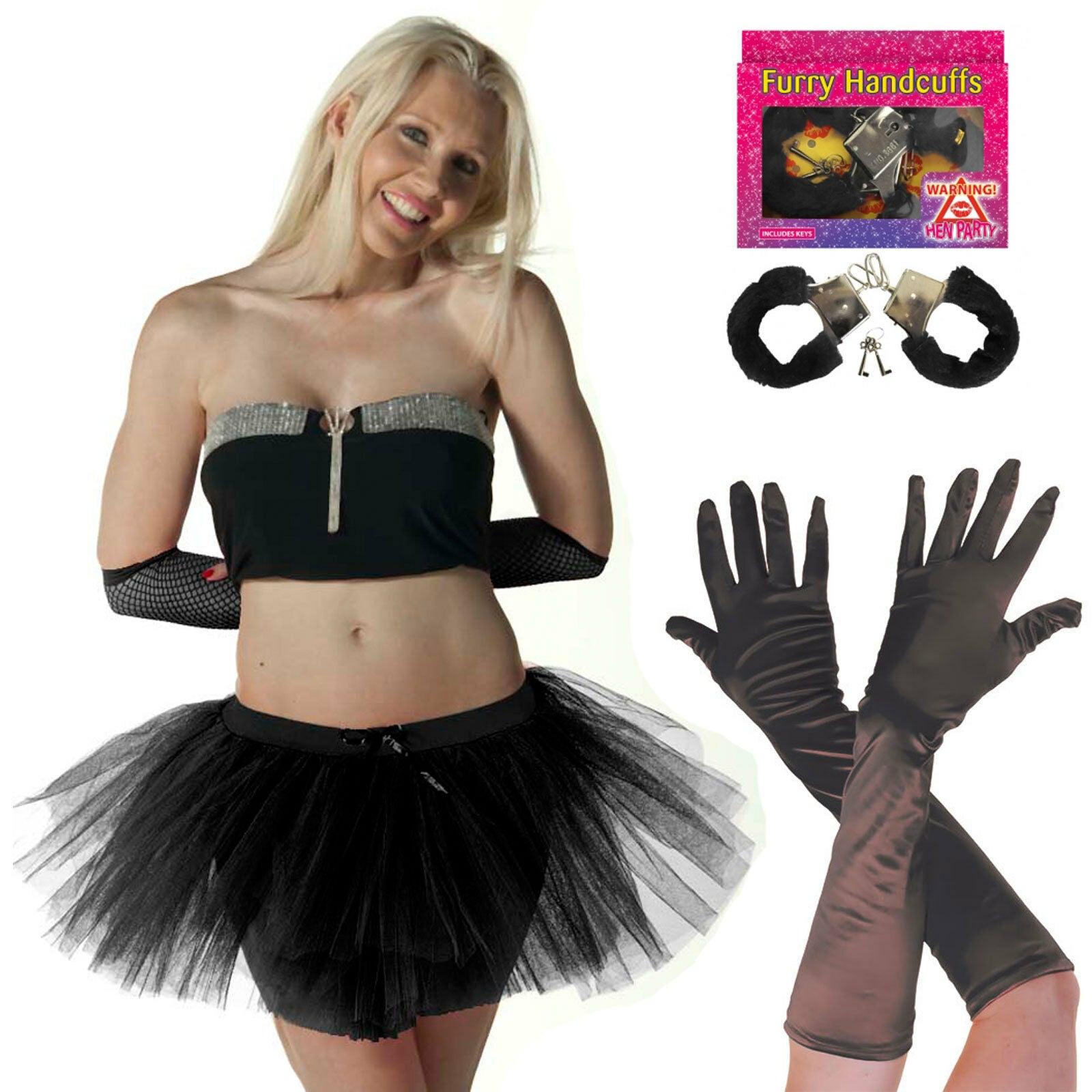 Ladies Black Tutu Skirt Satin Gloves Fur Handcuffs Hen Night Fancy Dress Costume - Labreeze
