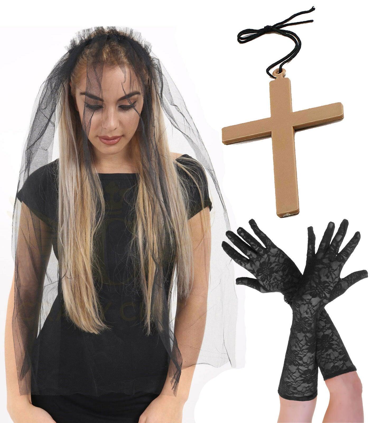 Ladies Black Veil on Hair Band Long Lace Gloves Monk Cross Prom Fancy Dress Set - Labreeze