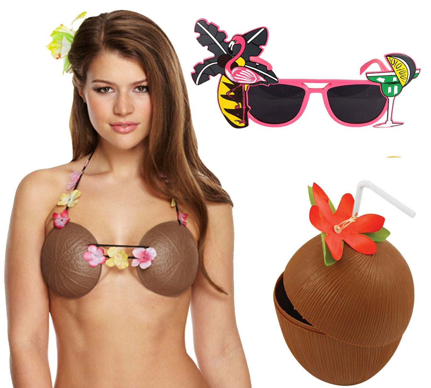 Ladies Brown Coconut Bra Plastic Cup Flamingo Glasses Hawaiian Beach Party Set - Labreeze