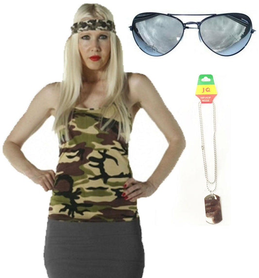 Ladies Camouflage Vest Top Dog Tag Sunglasses Army Girl Fancy Dress Set - Labreeze