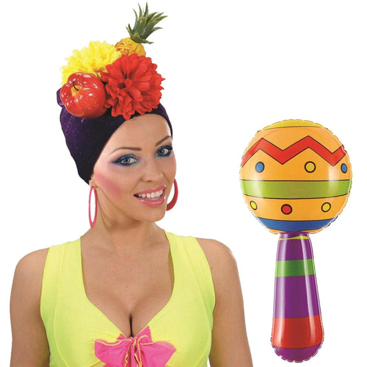 Ladies Carmen Miranda Hat Brazil Fruit Turban Inflatable Maraca Fancy Dress Set - Labreeze