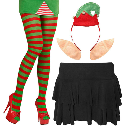 Ladies Christmas Elf Santa Helper Tights Headbopper Rara Skirt Xmas Fancy Dres - Labreeze