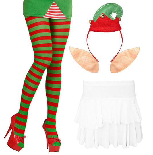 Ladies Christmas Elf Tights Headbopper White Rara Skirt Xmas Party Fancy Dress - Labreeze
