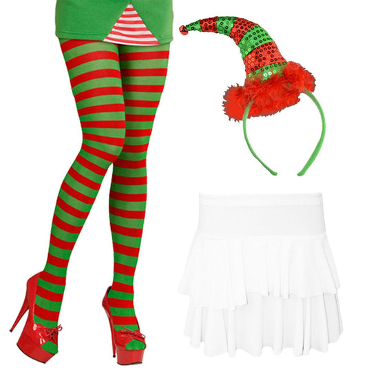 Ladies Christmas Elf Tights Sequin Headband White Rara Skirt Adults Xmas Outfit - Labreeze