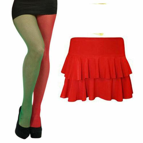 Ladies Christmas Red Green Elf Fishnet Tights Rara Skirt Xmas Fancy Dress - Labreeze