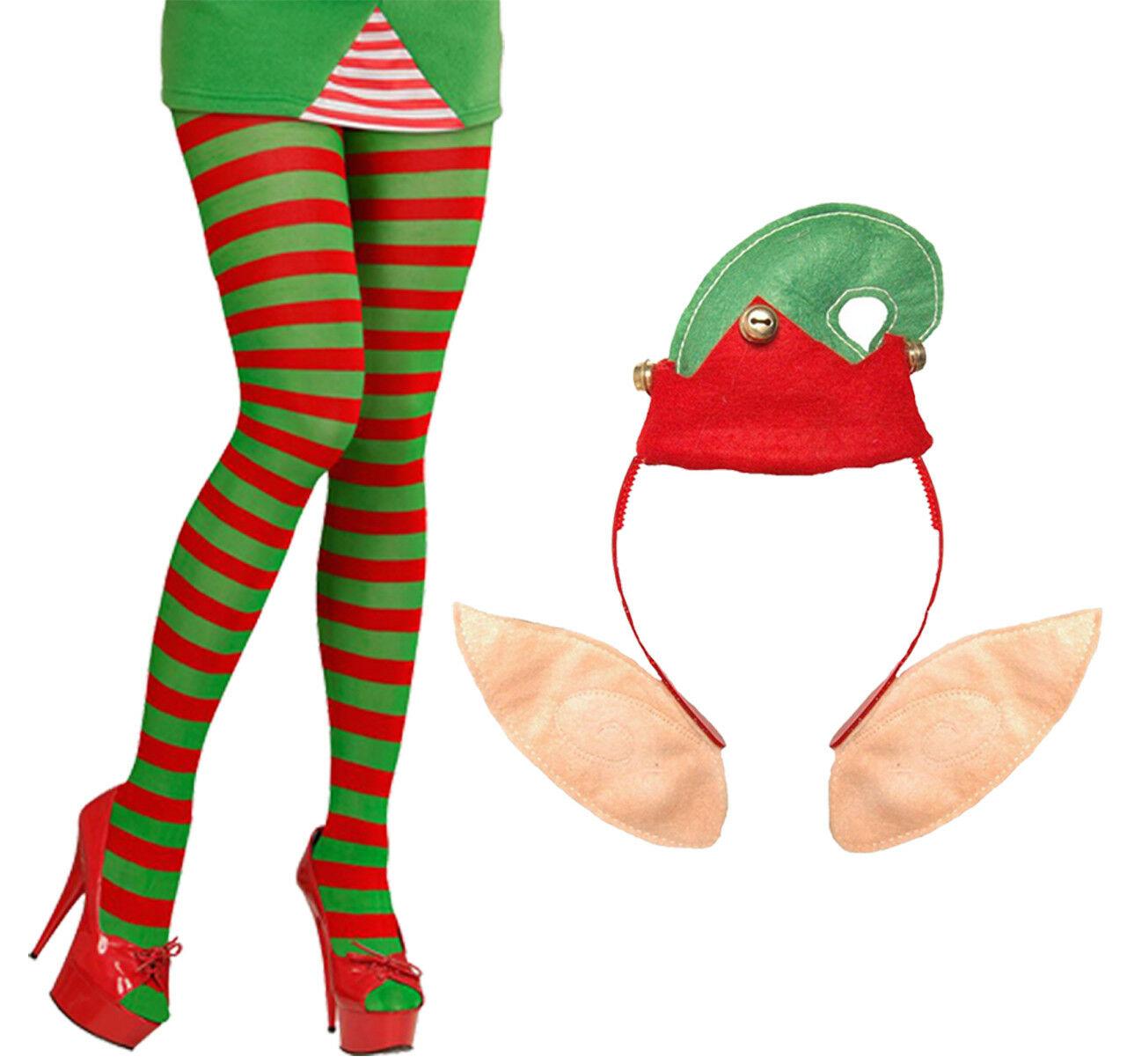 Ladies Christmas Red Green Elf Stripy Tights Headband with Ears Xmas Fancy Dress - Labreeze