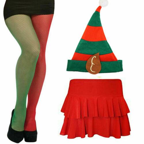 Ladies Christmas Red Rara Skirt Fishnet Tights Elf Hat Xmas Fancy Dress - Labreeze