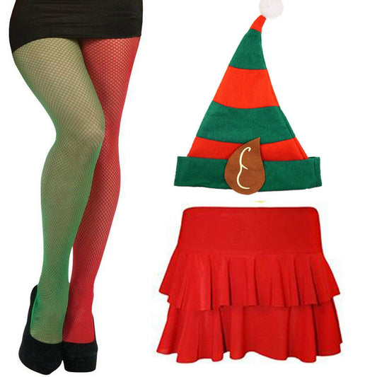 Ladies Christmas Red Rara Skirt Fishnet Tights Elf Hat Xmas Fancy Dress - Labreeze