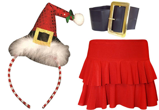 Ladies Christmas Red Rara Skirt Santa Hat on Headband Buckle belt Fancy Dress - Labreeze